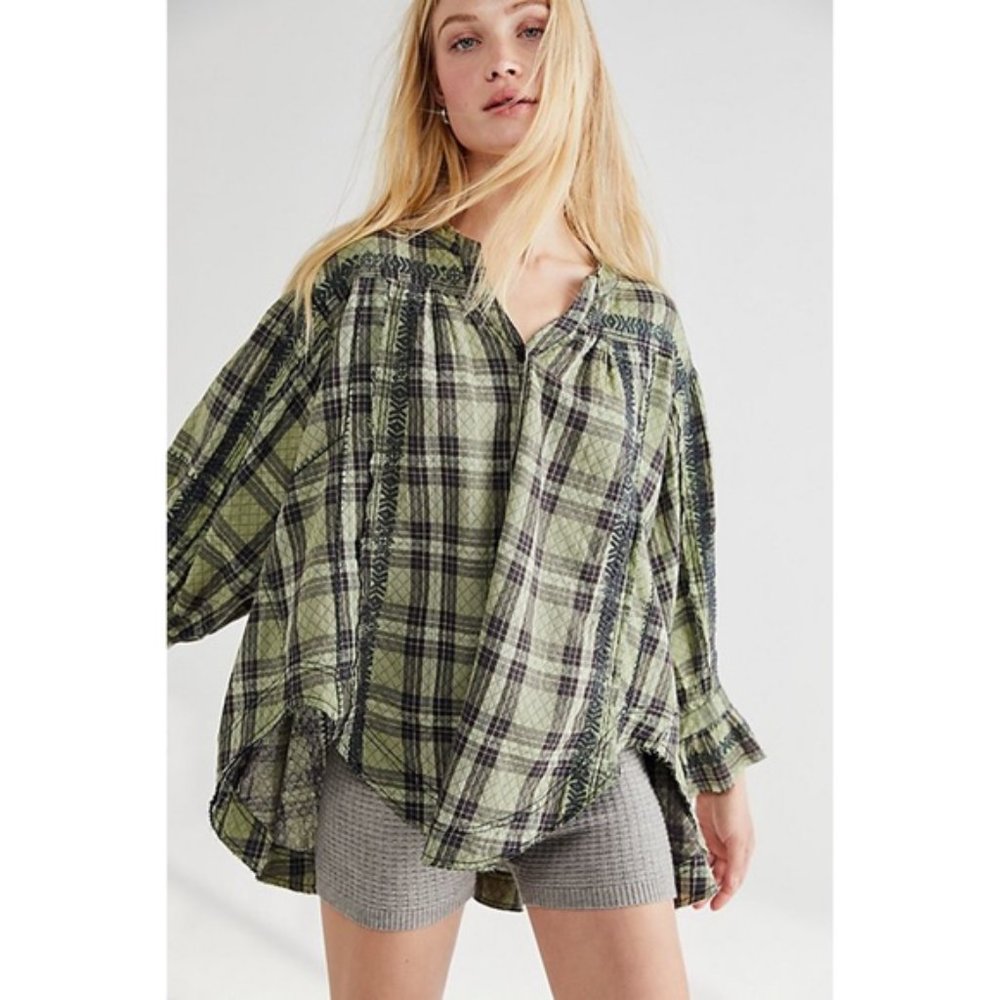 Free People Green Plaid Blouse